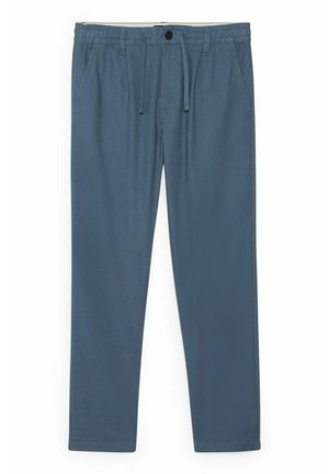 Blaue Freizeit-Hose mit elastischem Bund, Kordelzug, Knopfverschluss und Seitentaschen, flach auf weißem Hintergrund präsentiert.