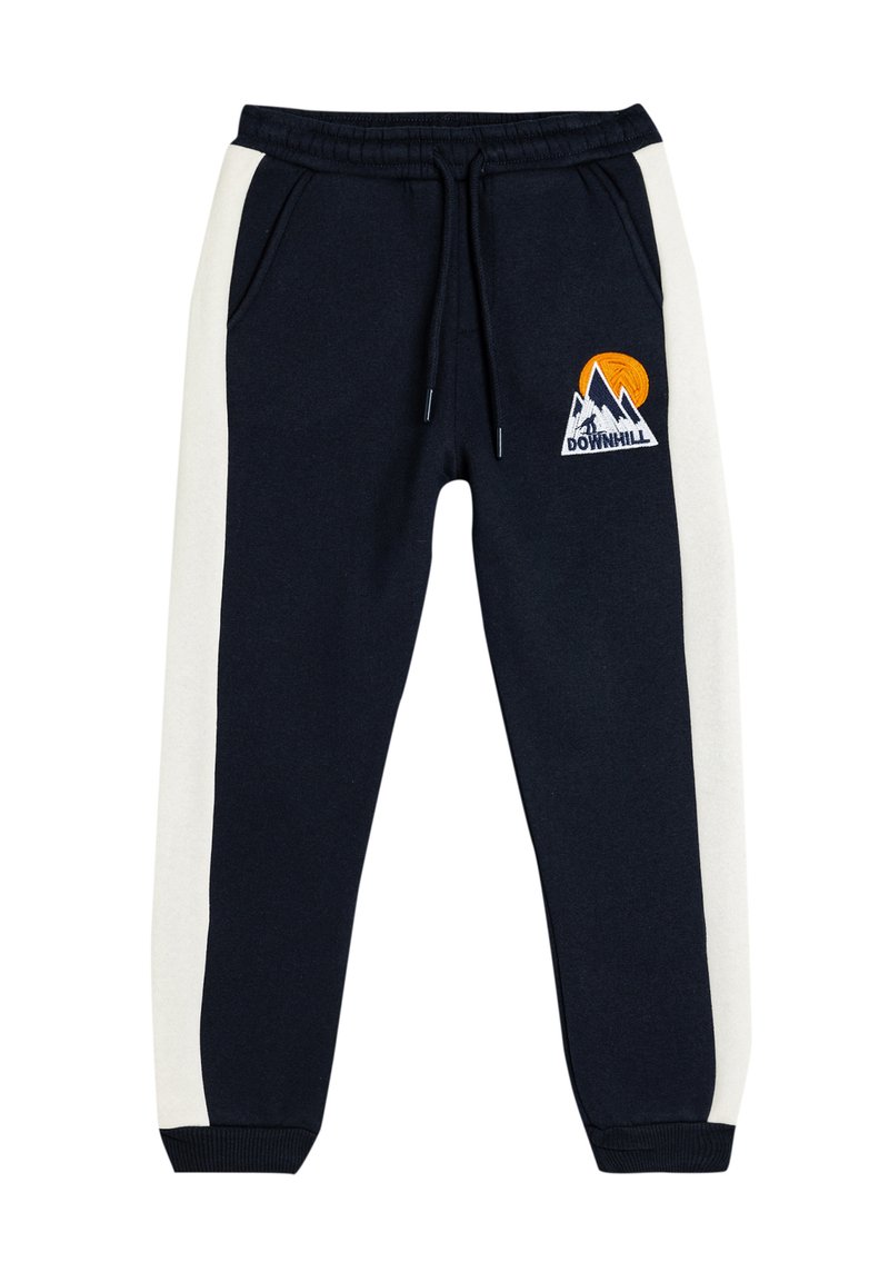 Marineblå joggere med cremefarvede sidelister, prydet med et broderet bjergdesign og en orange sol, elastisk talje og to sidelommer.