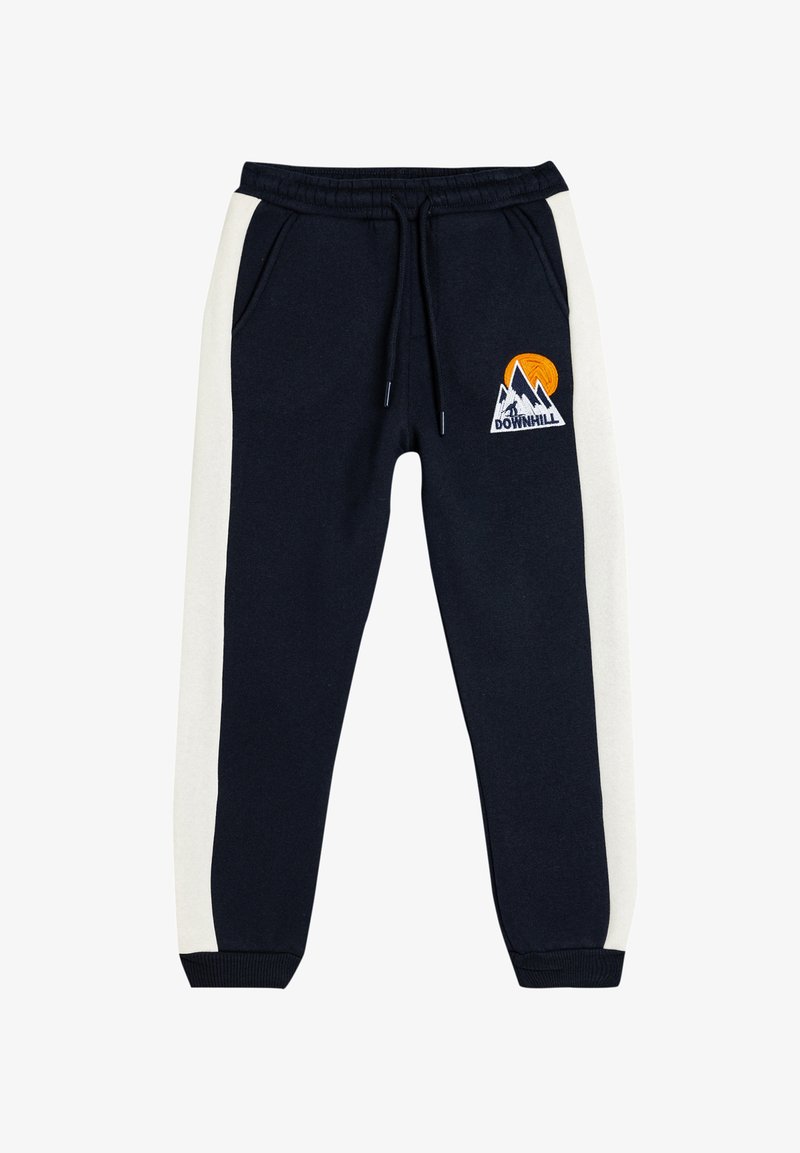 Marineblaue Jogginghosen mit cremefarbenen Seitenstreifen, versehen mit einem gestickten Bergdesign und einer orangefarbenen Sonne, elastischem Taillenbund und zwei Seitentaschen.