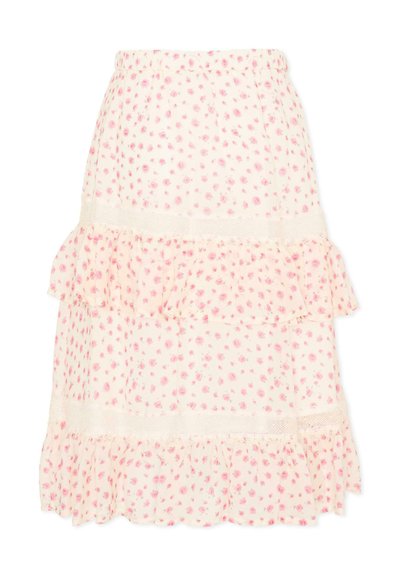 Crèmekleurige rok met gelaagde ruches, roze bloemenprint en kanten bies, knielengte, vrouwelijke stijl.