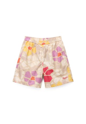 Geprinte zwembroek in beige met multicolorige vormen in roze, geel en rood. Elastische tailleband met een logo-accent in rood.