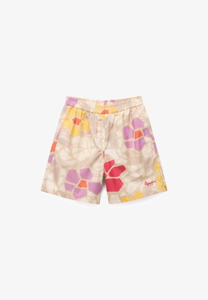 Gemusterte Badeshorts in Beige mit mehrfarbigen Formen in Pink, Gelb und Rot. Elastischer Bund mit einem Logo-Akzent in Rot.