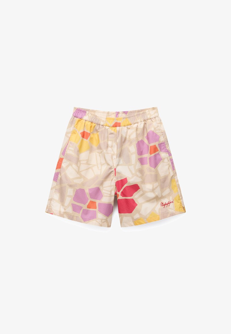 Μαγιό σορτς με σχέδια σε μπεζ χρώμα με πολύχρωμα σχήματα σε ροζ, κίτρινο και κόκκινο. Λάστιχο στη μέση με διακοσμητικό λογότυπο σε κόκκινο χρώμα.
