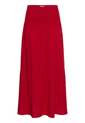 Rdeča dolga krilo z širokim nabranim pasom z elastiko in nagubanim volančastim robom, prikazano na belem ozadju.