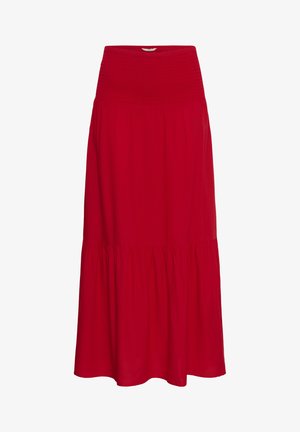 Piros hosszú szoknya széles gumis derékpánttal és fodros, begyűrt szegéllyel, fehér háttéren bemutatva.