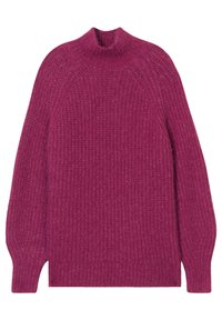 Magenta neulepaita korkealla kauluksella, ribbitekstuurilla ja pitkillä hihoilla. Ominaisuuksiin kuuluu rento istuvuus ja hienovarainen yksityiskohtaisuus koko vaatteessa.
