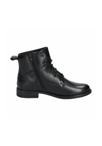Black leather ankle boot featuring a round toe, lace-up front, side zipper, and a textured sole. Simple design with minimal hardware accents.