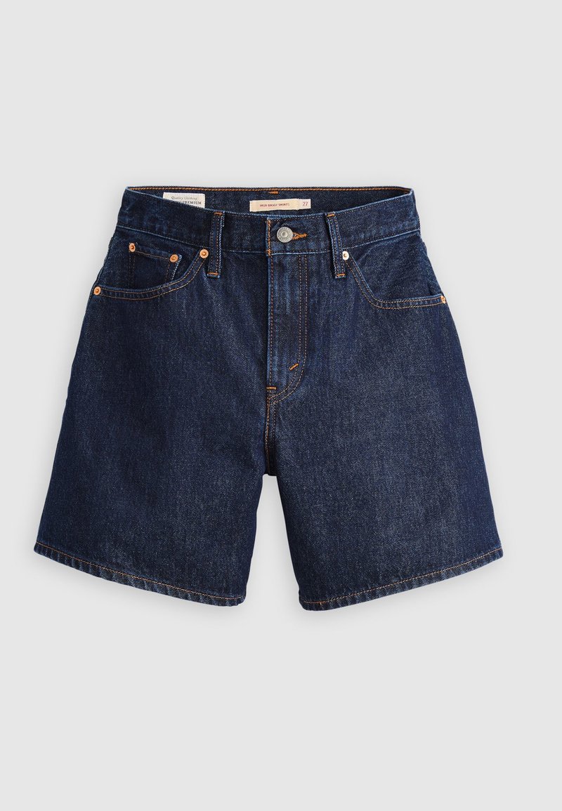 Shorts en denim de couleur bleu foncé, dotés d'un design à cinq poches, d'une fermeture à bouton et de détails de coutures visibles en orange contrasté.
