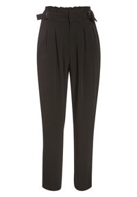 High-waist black tailored trousers with pleats, tapered legs, side pockets, and adjustable buckle straps on waistband.