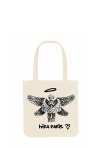 Borsa tote in tela color crema con un'illustrazione di un angelo in nero, con ali e aureola, e il testo "MIRA PARIS" in basso.