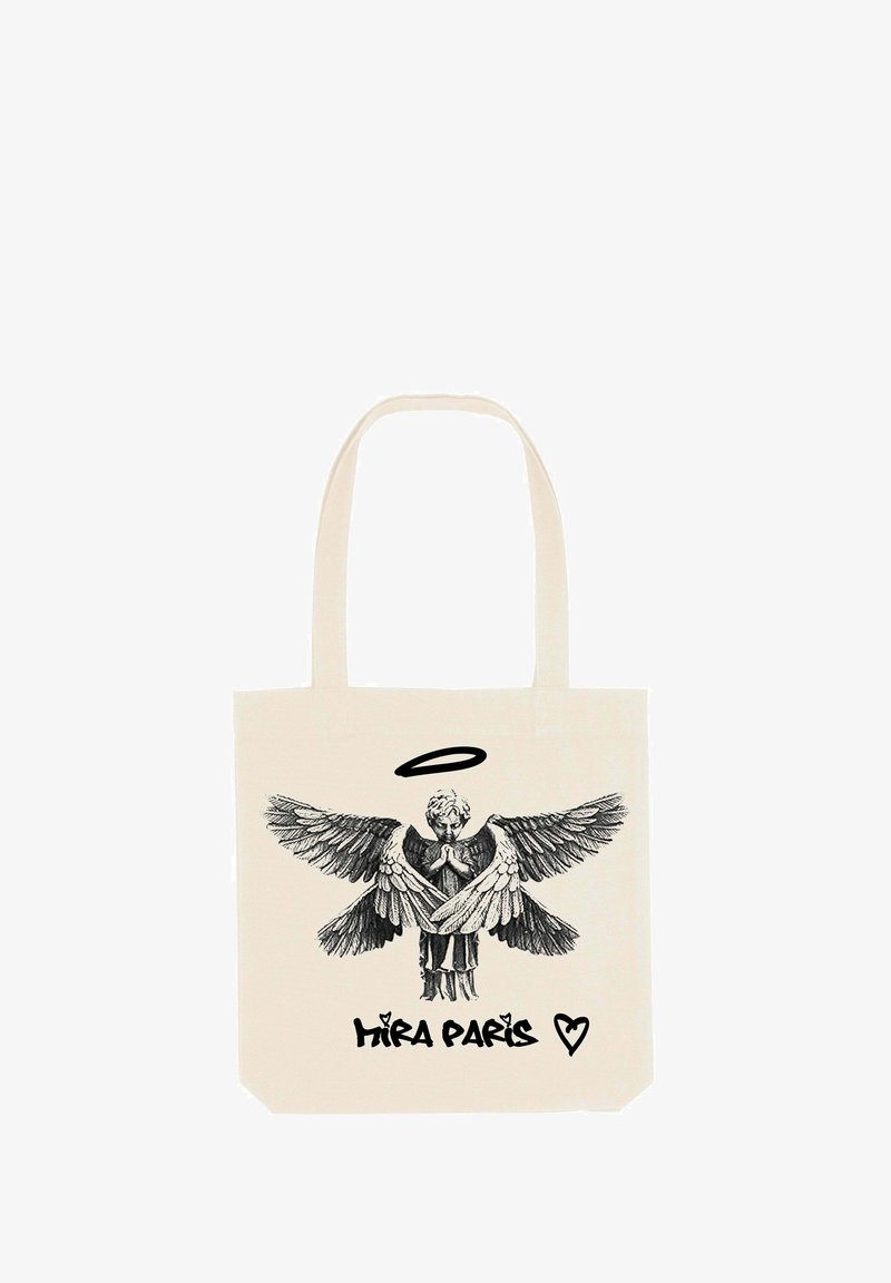 Sac fourre-tout en toile de couleur crème avec une illustration en noir d'un ange avec des ailes et un halo, et le texte "MIRA PARIS" en bas.