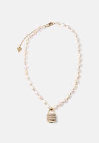 Pearl necklace with small gold beads and a gold padlock pendant encrusted with clear crystals on a white background.