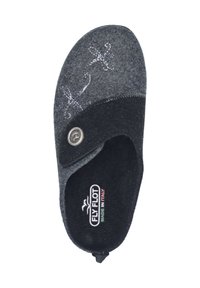Gray felt slipper with a black accent, featuring silver dragonfly embroidery and a snap button. Soft, rounded toe and cushioned insole.