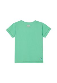Mintgrünes T-Shirt mit kurzen Ärmeln aus Baumwolle. Es hat einen runden Halsausschnitt, einen geraden Saum und ein kleines farbiges Logo in der unteren linken Ecke.