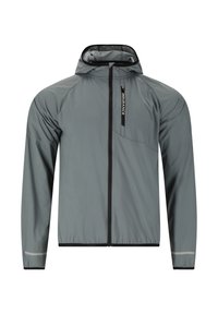 Leichte graue Regenjacke mit Kapuze, durchgehendem Reißverschluss und einer Brusttasche. Mit schwarzen Akzenten und reflektierenden Streifen an den Ärmeln.