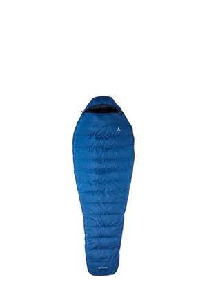 Blauwe slaapzak met een taps toelopend ontwerp, voorzien van een gevoerde textuur en een ritsopening aan de bovenkant. Logo zichtbaar aan de onderkant.