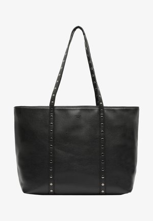 Sac cabas en cuir noir avec deux poignées cloutées et logo embossé subtil centré près du haut.