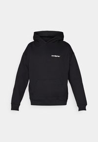 Black hoodie made of cotton blend, featuring a kangaroo pocket and a drawstring hood. Small white logo on the front left side.