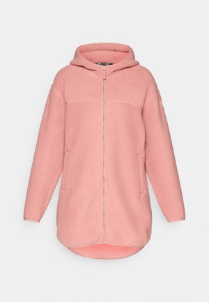 Svetloružová mikina s fleece podšívkou, zipsom a prednými vreckami. Má voľný strih a zaoblený dolný lem.