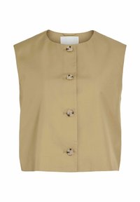 Ärmellose beige Weste mit rundem Halsausschnitt und vier Schildpatt-Knöpfen auf der Vorderseite vor einem schlichten weißen Hintergrund.