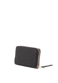 Black woven leather wallet featuring a zip closure with a gold-tone hardware accent. Compact design with a textured surface and wrist strap.