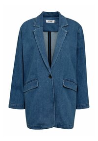 Denim žakets vidēji zilā krāsā, ar atlocītu apkakli, divām priekšējām kabatām un vienu pogu aizdari. Brīvs piegriezums ar uzlocītām piedurknēm.
