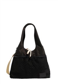 Czarna nylonowa torba z siatkowaną dolną częścią, luźnym fasonem i szerokim paskiem. Posiada zaciągane zamknięcie oraz skórzaną naszywkę z logo.