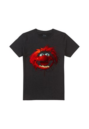 Schwarzes T-Shirt mit einer großen, bunten Grafik von Animal, der rothaarigen, großäugigen Figur aus den Muppets, die mit sichtbaren Zähnen lächelt.
