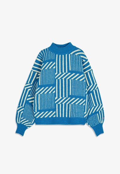 Pull tricoté bleu avec des motifs géométriques blancs à rayures verticales et diagonales, manches longues, poignets et encolure côtelés.