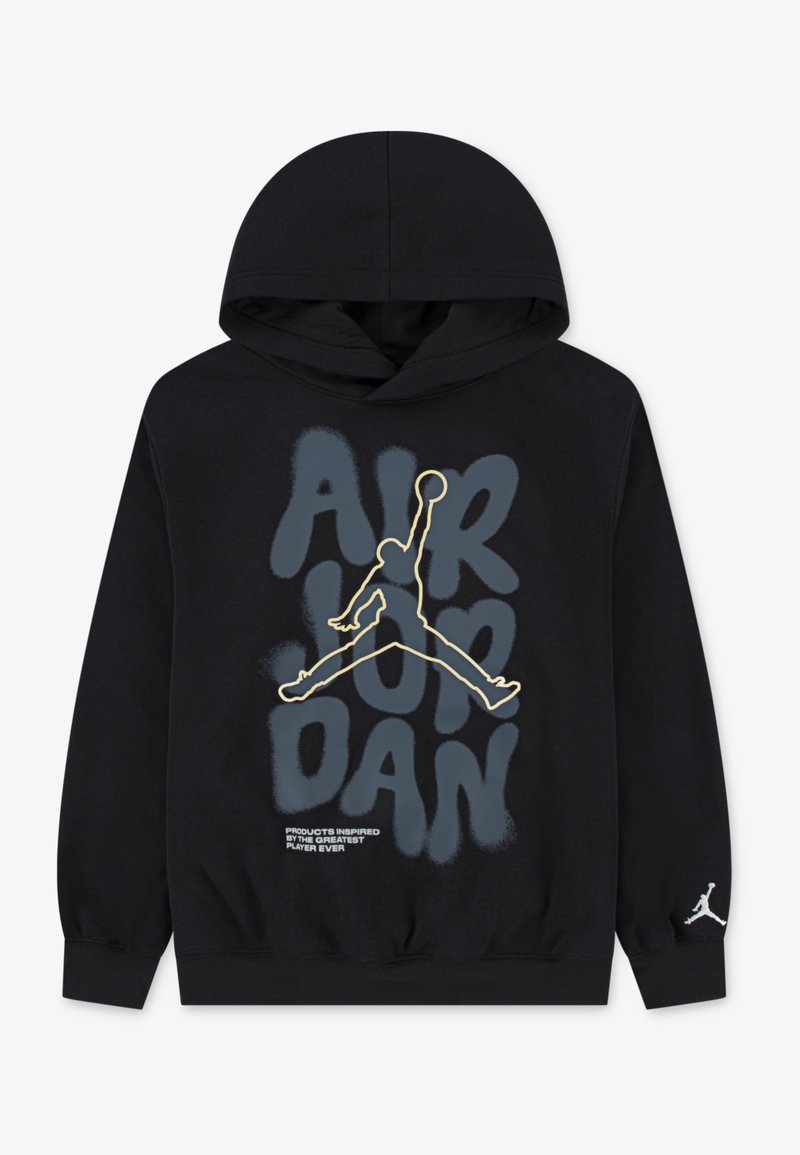Felpa nera con cappuccio foderato da coulisse. Presenta una grande grafica "AIR JORDAN" con una silhouette dorata e testo su sfondo blu.