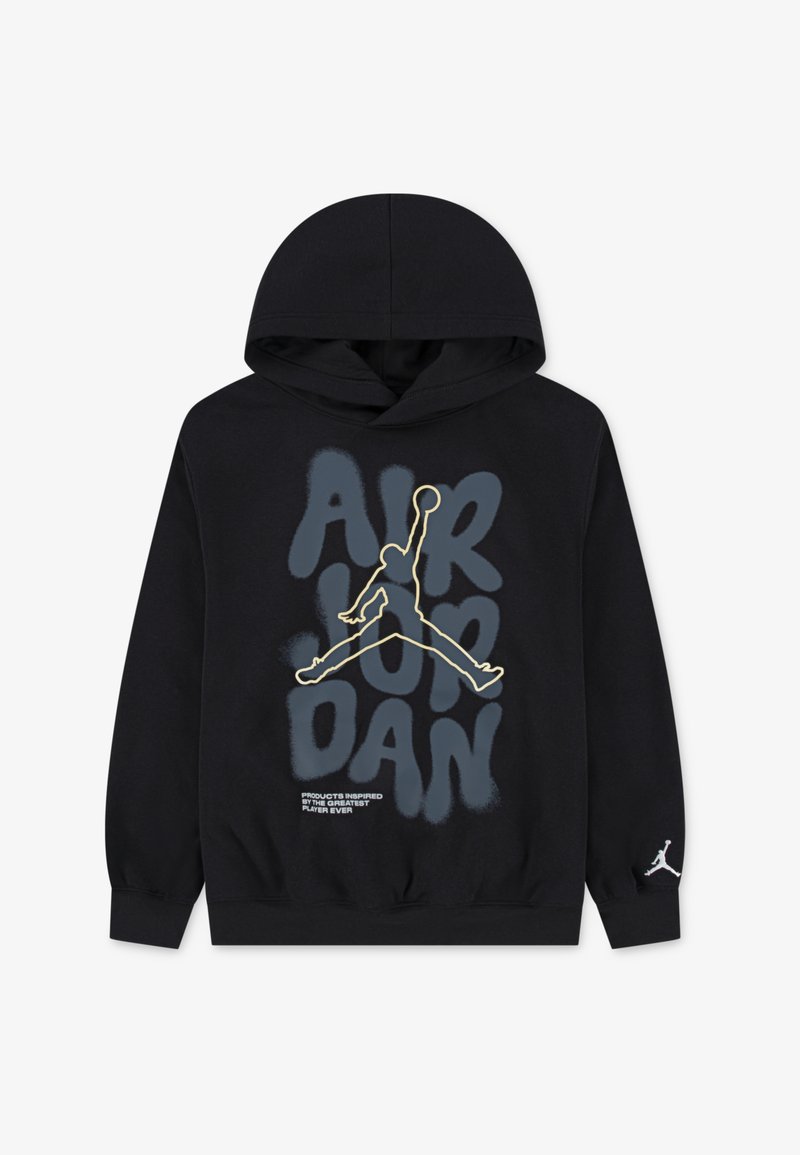 Black pullover hoodie with a drawstring hood. Features a large “AIR JORDAN” graphic with a gold silhouette and text in blue background.