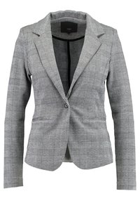 Šedý a černý károvaný blejzr s přiléhavým střihem, klopami s výřezem, zapínáním na jeden knoflík a dvěma předními kapsami. Hladká textura látky.