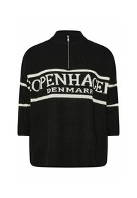 Pull en maille noir avec un col montant, comportant un graphisme blanc "COPENHAGUE DANEMARK" et des rayures horizontales sur les manches.