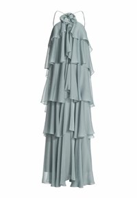 Jasnoniebieska, wielowarstwowa sukienka maxi wykonana z miękkiego materiału. Charakteryzuje się warstwowymi falbanami, cienkimi ramiączkami i marszczonym dekoltem.