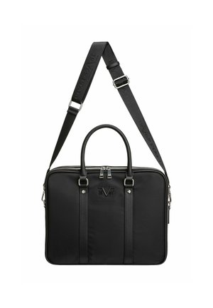 Schwarze Laptoptasche aus glattem Nylon mit Lederakzenten, oberen Griffen, einem abnehmbaren Schultergurt und silberner Hardware.