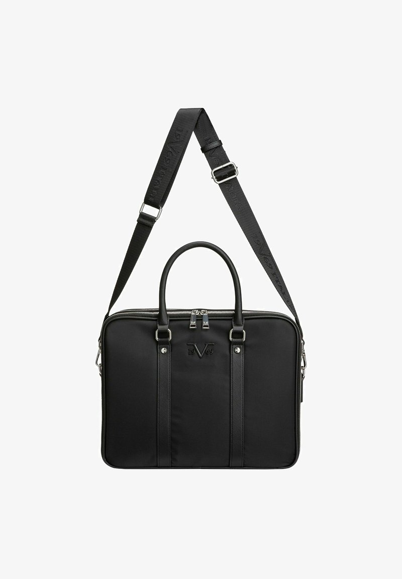 Schwarze Laptoptasche aus glattem Nylon mit Lederakzenten, oberen Griffen, einem abnehmbaren Schultergurt und silberner Hardware.