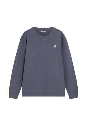 Sudadera de cuello redondo de color gris oscuro con mangas largas, puños acanalados y un pequeño logo de calavera y huesos cruzados en verde claro en el pecho izquierdo.