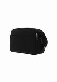 Borsa a spalla in tessuto nero di forma rettangolare, con apertura superiore con zip, tasca frontale e tracolla regolabile. Texture simile alla satinato.