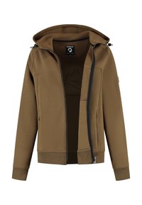 Haut à capuche zippé marron avec poches avant, poignets côtelés et capuche ajustable, présenté ouvert sur un fond blanc.