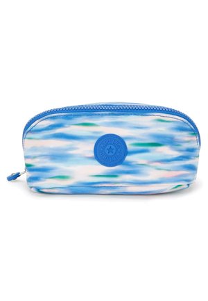 Small zippered pouch with blue, white, and green abstract watercolor pattern and circular Kipling logo patch on front.