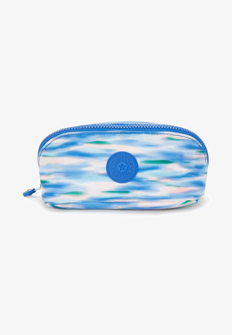 Small zippered pouch with blue, white, and green abstract watercolor pattern and circular Kipling logo patch on front.