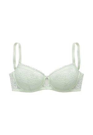 White lace underwire bra with adjustable straps and floral embroidery, featuring a small decorative charm at the center front.