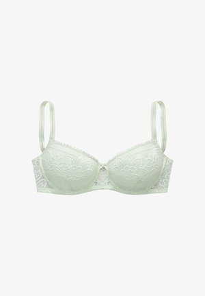 White lace underwire bra with adjustable straps and floral embroidery, featuring a small decorative charm at the center front.