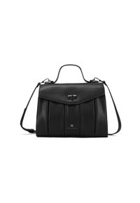 Borsa a mano in pelle nera con un design strutturato, frontale plissettato, manico superiore, tracolla removibile e dettaglio di chiusura in metallo.