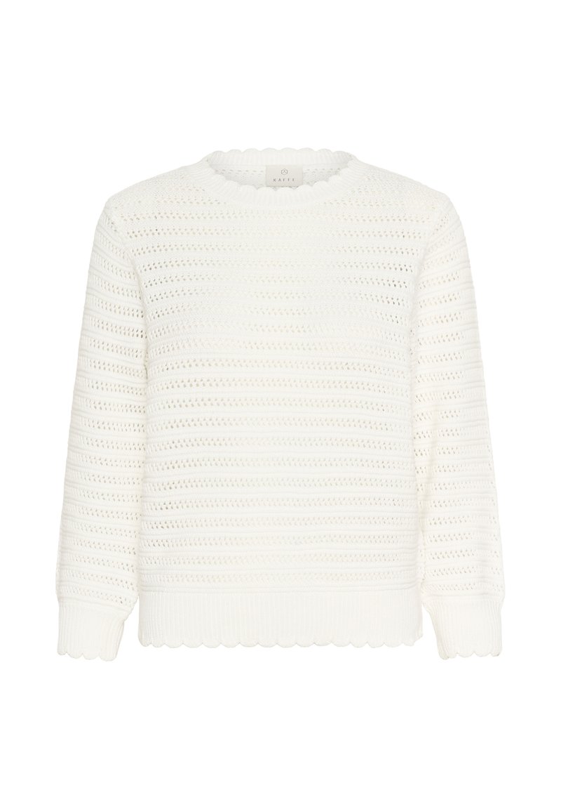 Pull blanc en maille à manches longues avec des bords festonnés au col, aux poignets et à l'ourlet, avec un motif ajouré horizontal.