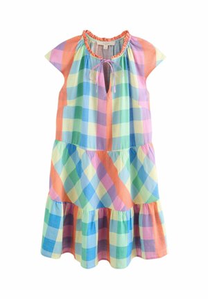 Farebné kockované šaty v pastelových odtieňoch s volánovým lemom, krátkymi rukávmi a detailom viazania na krku. Vyrobené z ľahkej látky.