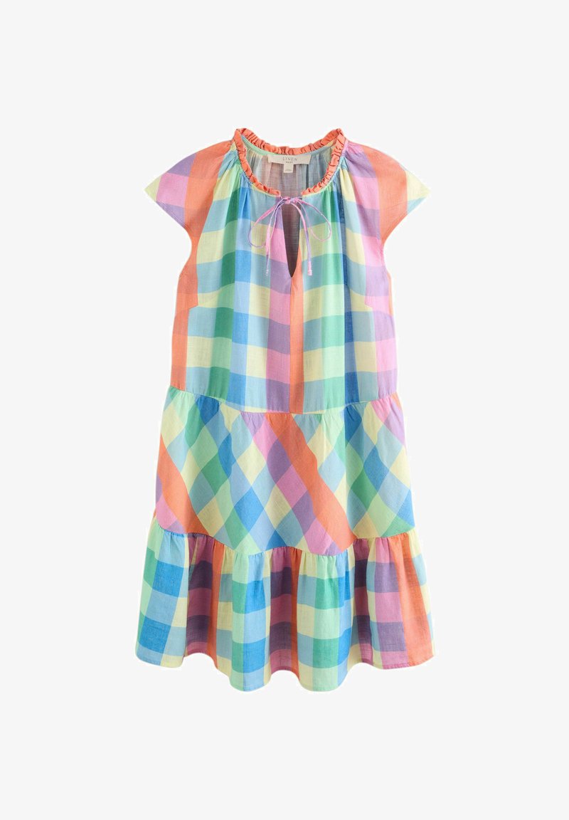 Robe à carreaux multicolores aux tons pastels, avec un ourlet à volants, des manches courtes et un détail de col noué. Confectionnée en tissu léger.