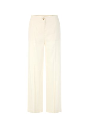 Cream-colored wide-leg trousers with front pleats and a single button closure on the waistband.