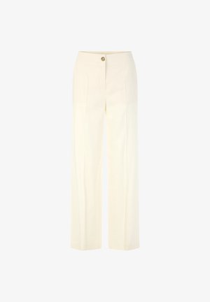 Cream-colored wide-leg trousers with front pleats and a single button closure on the waistband.