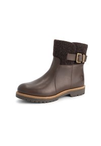 Bruine leren enkelboot met een gestructureerde, donkerbruine vilt bovenzijde, zijgesp detail en een robuuste zool. Heeft een gladde afwerking en gestikte accenten.